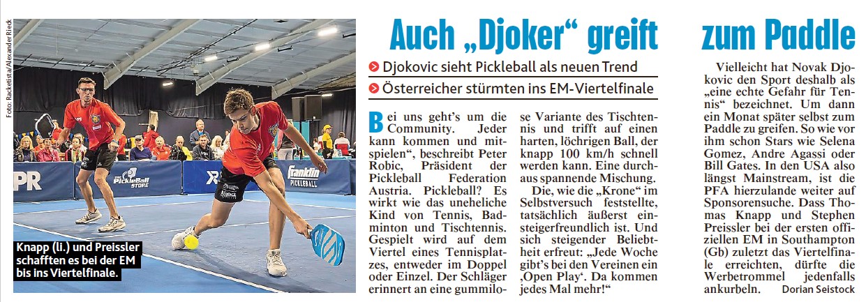 Pickleball article: Kronenzeitung, November 27th 2024